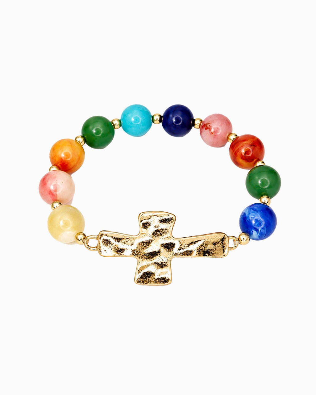 Hammered Cross Pendant Beaded Statement Bracelet - 5 Color