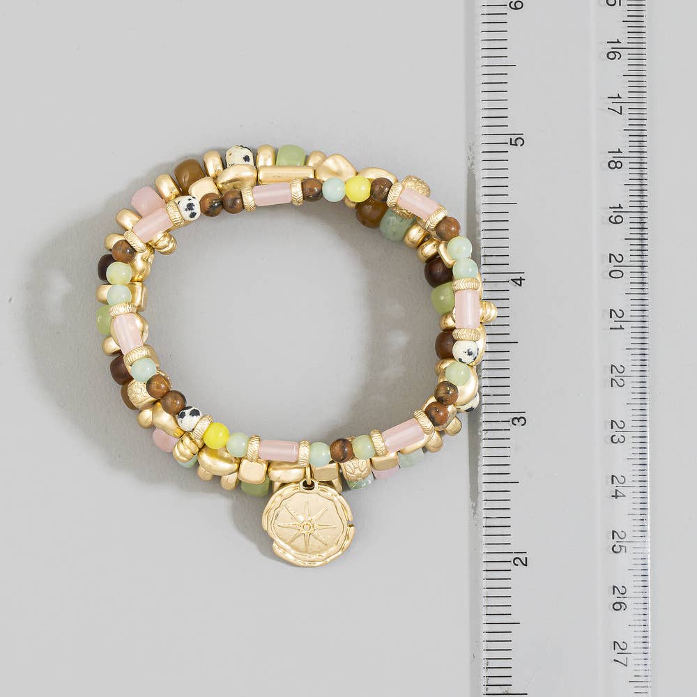 Three Strand Semi Stone Tube Bead Coin Bracelet