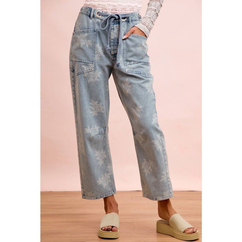 ROSE PRINTED WASHED DENIM PANTS WITH WAIST BELT