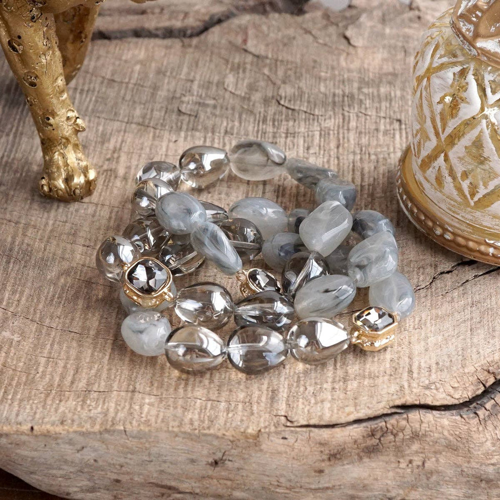 Smoky Radiance – Sculpted Bead & Crystal Stretch Bracelet Set