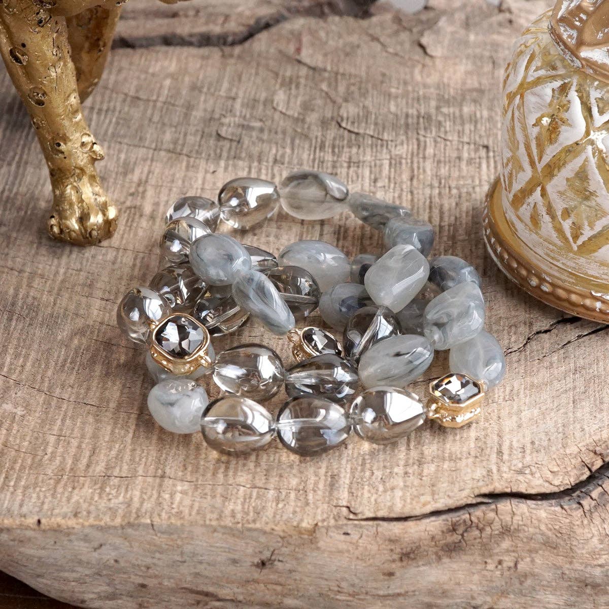 Smoky Radiance – Sculpted Bead & Crystal Stretch Bracelet Set