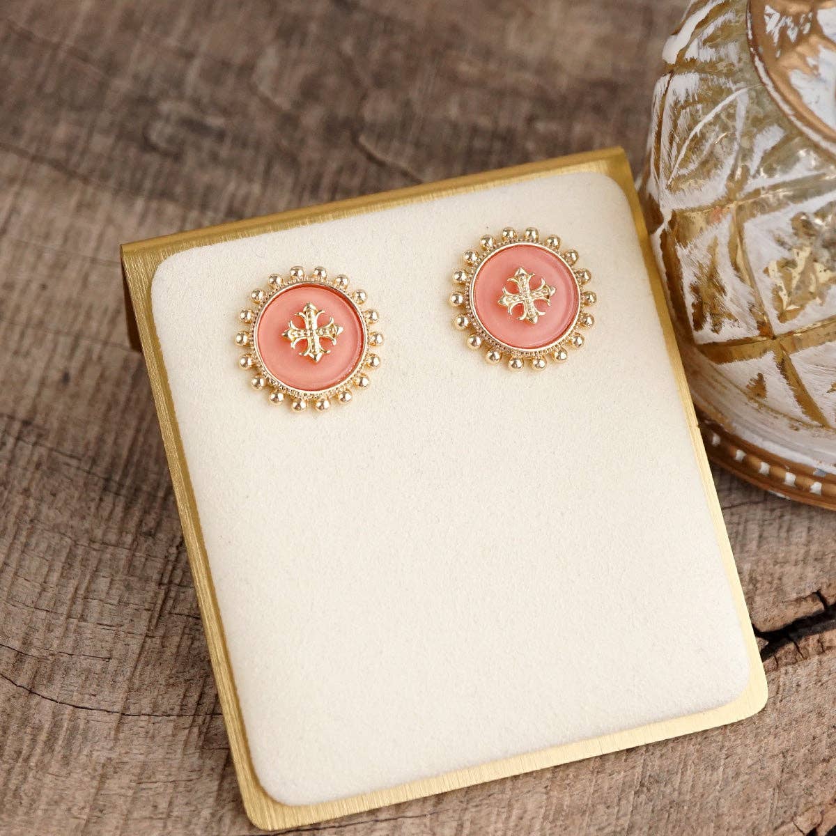 Sunlit Faith – Cross Medallion Stud Earrings