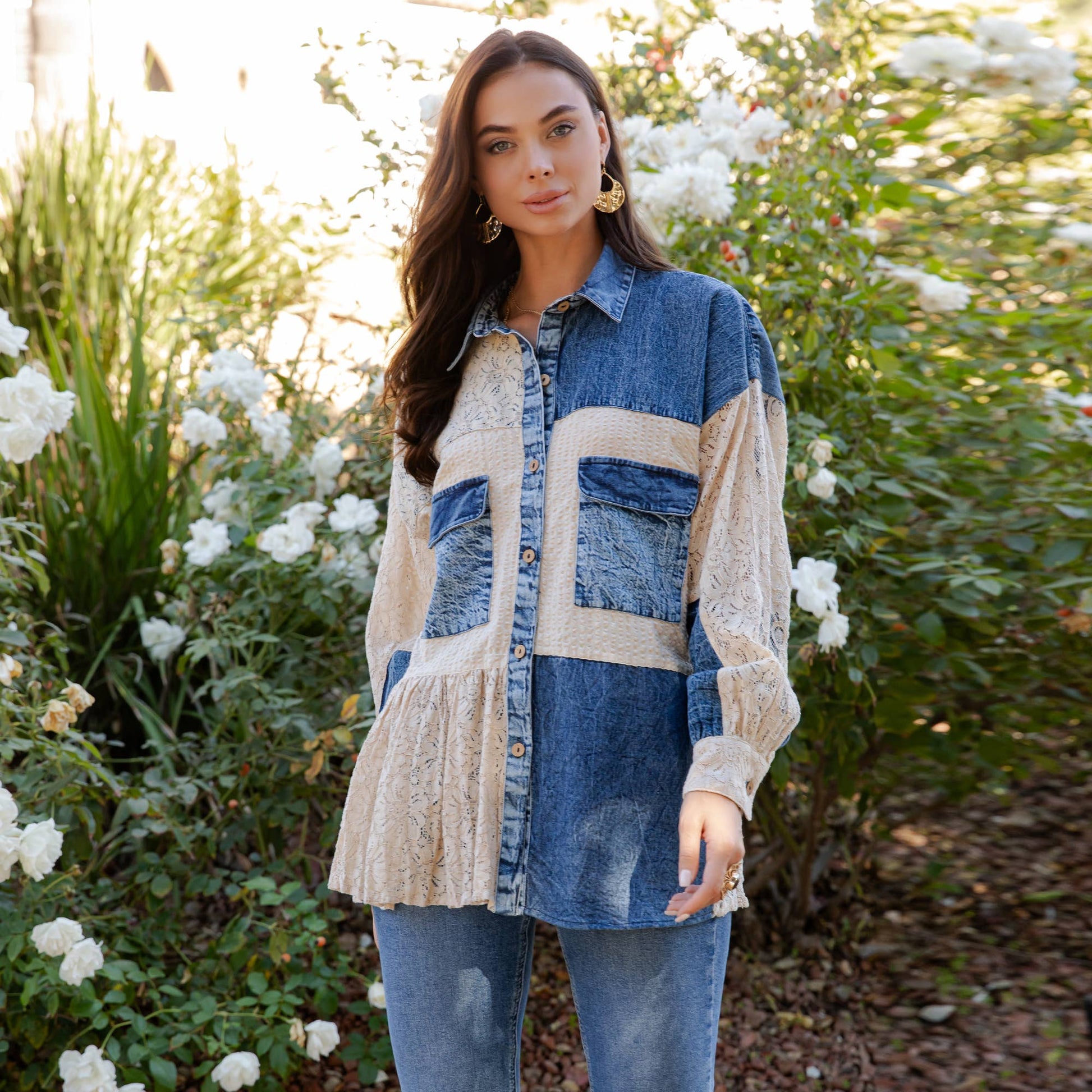 Boho Spliced Denim and Lace Spring Summer Shirt Jacket