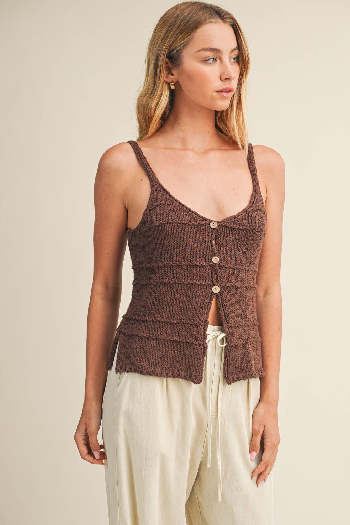 Tiered Textured Button-Front Sweater Knit Cami