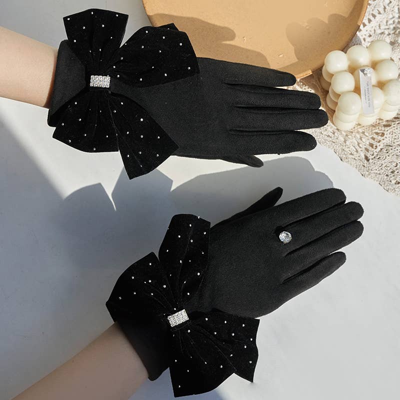 Velvet and Crystals Bow Gloves in Black