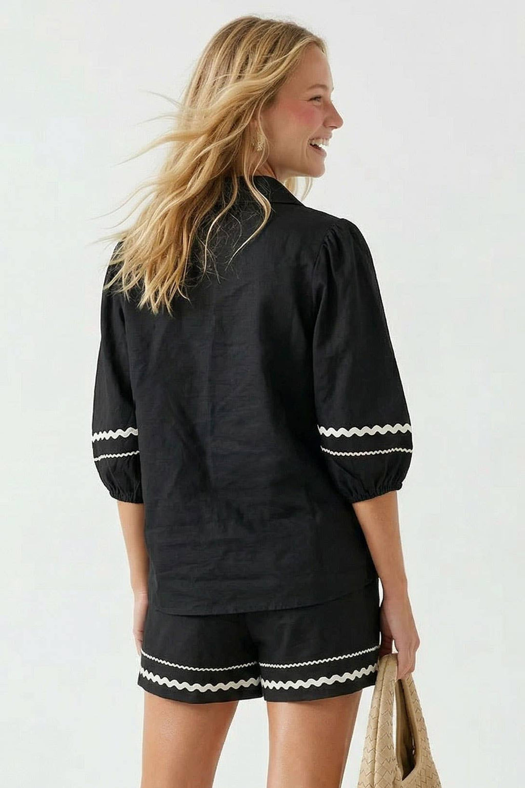 Contrast Trim Puff Sleeve Linen Blouse