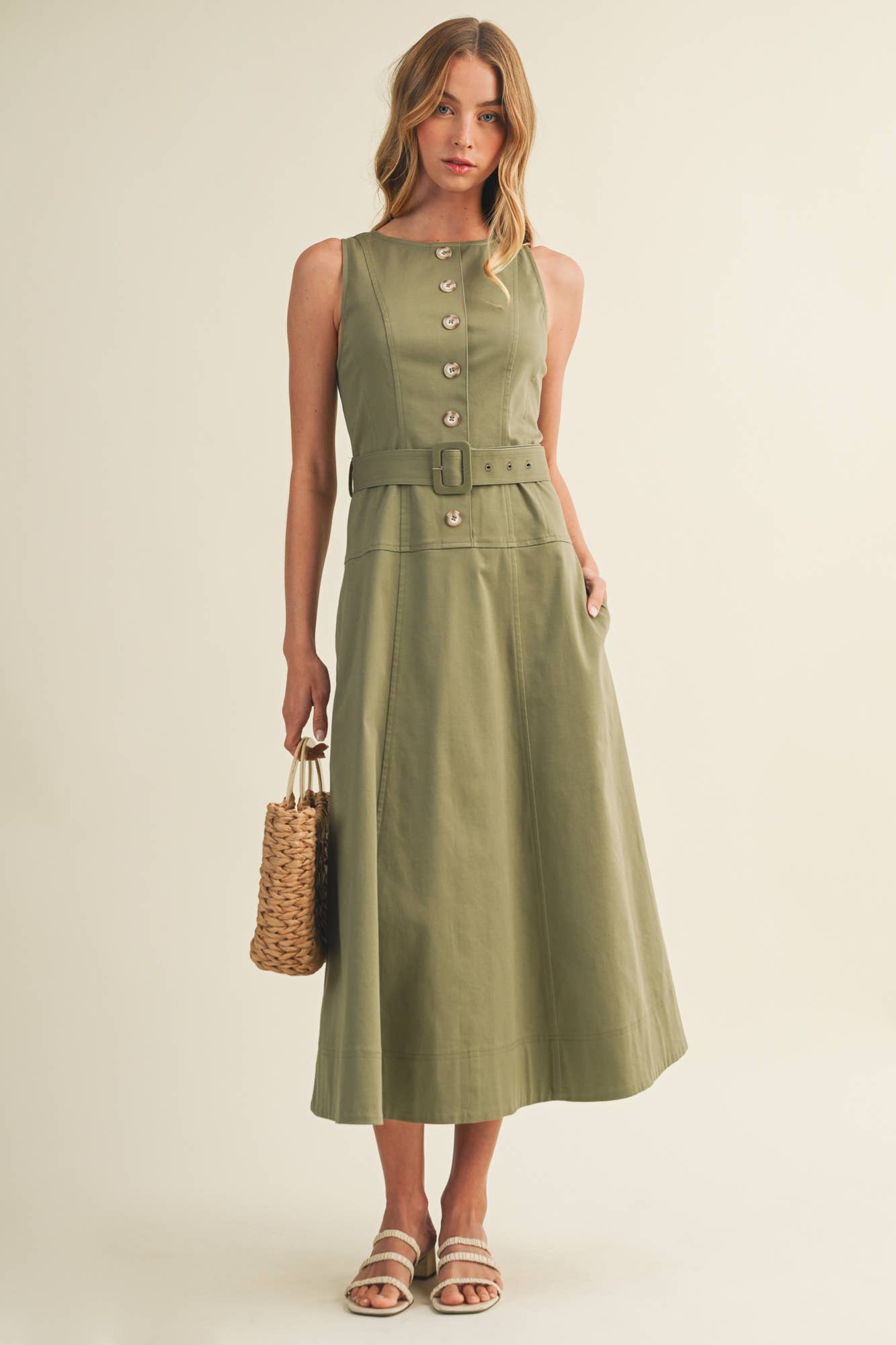 Buckle Belt Topstitch Maxi Dress
