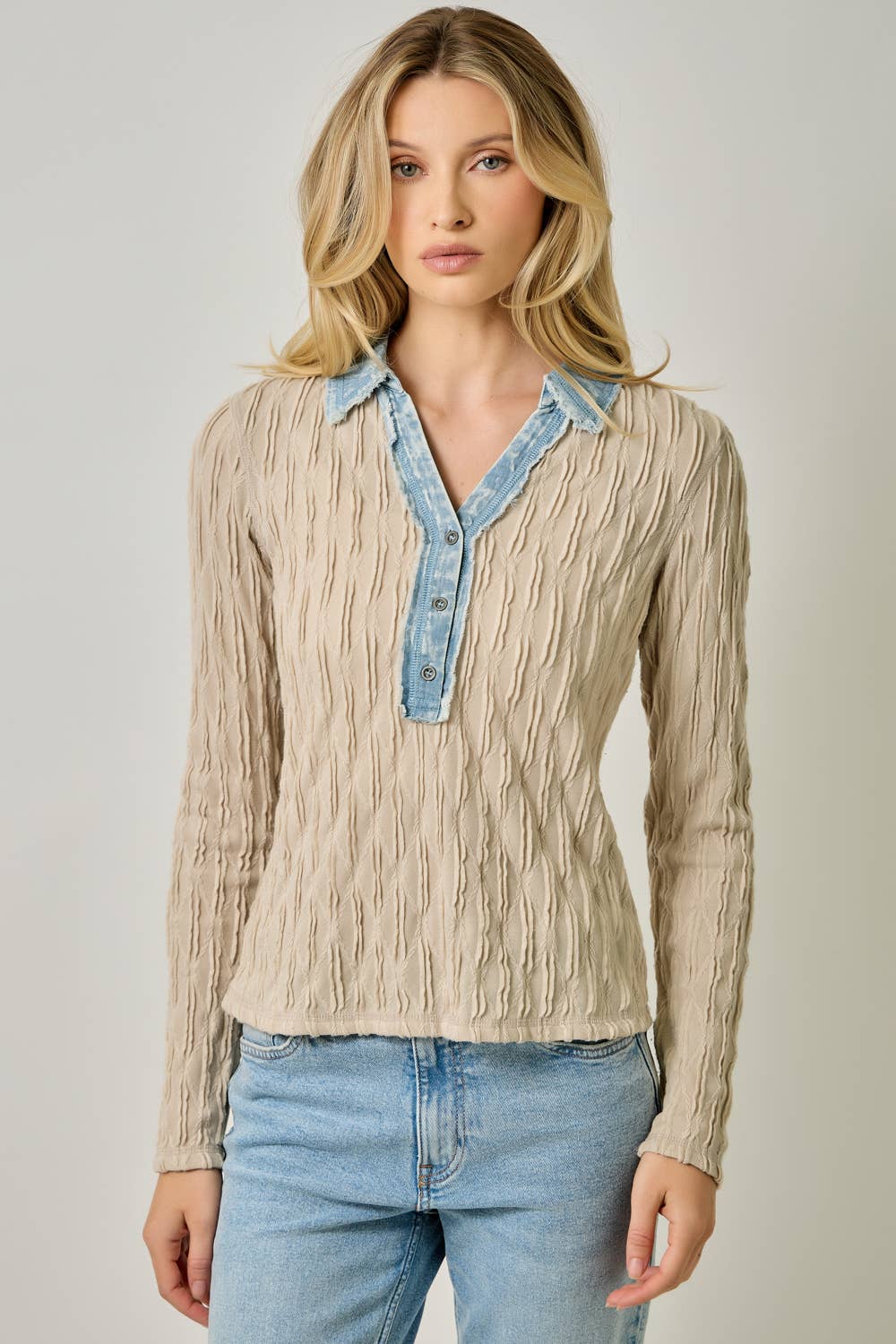 Denim Mix Textured Knit Henley Top