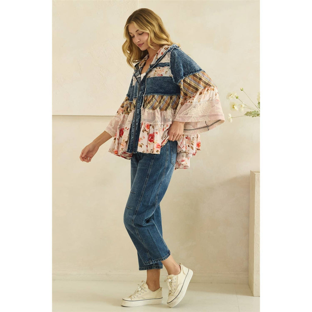 BOHO RUFFLE HOODED LACE DENIM  AND FLORAL PRINT MIX JACKET