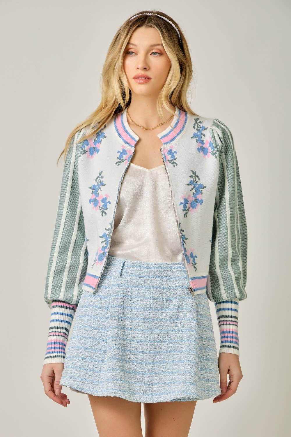 Sweater Floral Zip Bomber Jacket