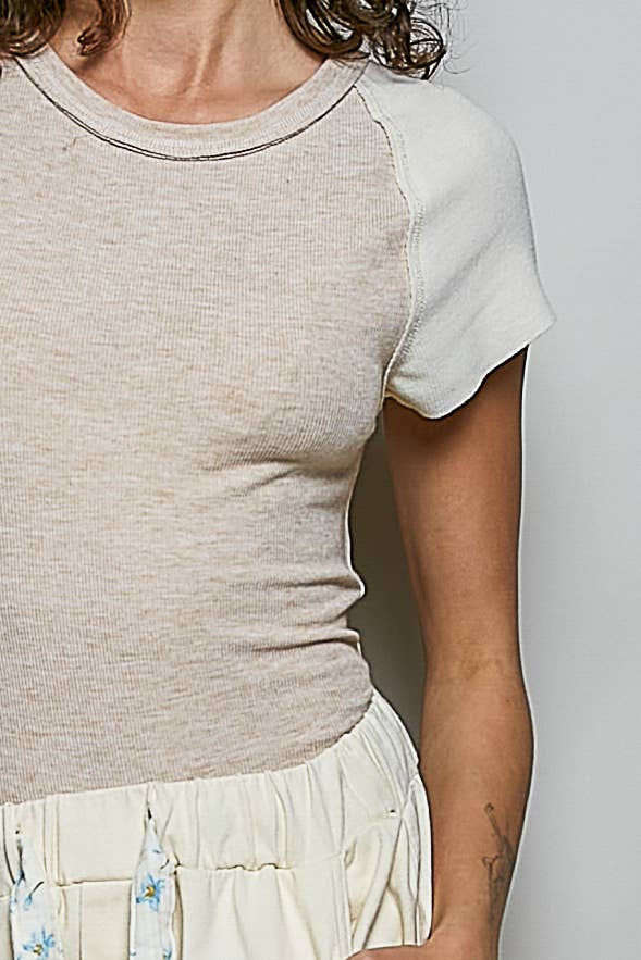 Round Neck Raglan Sleeve Contrast Solid Fitted Rib Top