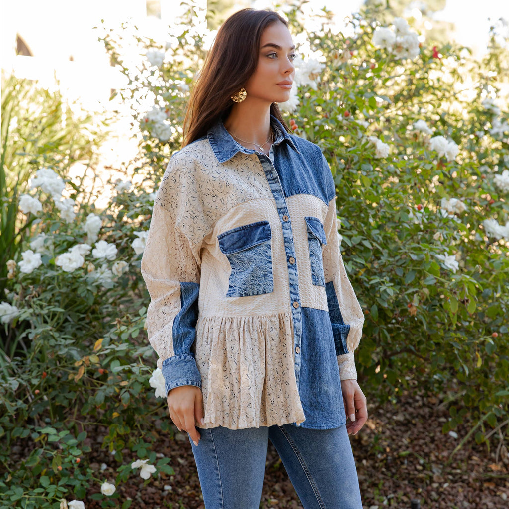 Boho Spliced Denim and Lace Spring Summer Shirt Jacket