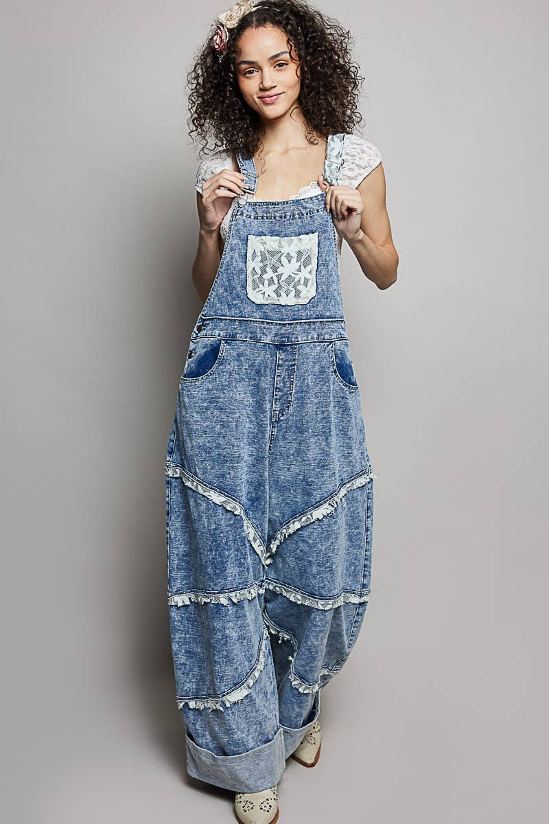 Casual Straight Leg Lace Trim Adjustable Strap Overalls