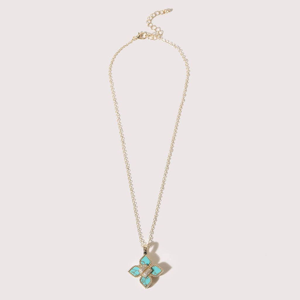Gold CZ Pave Turquoise Clover Necklace