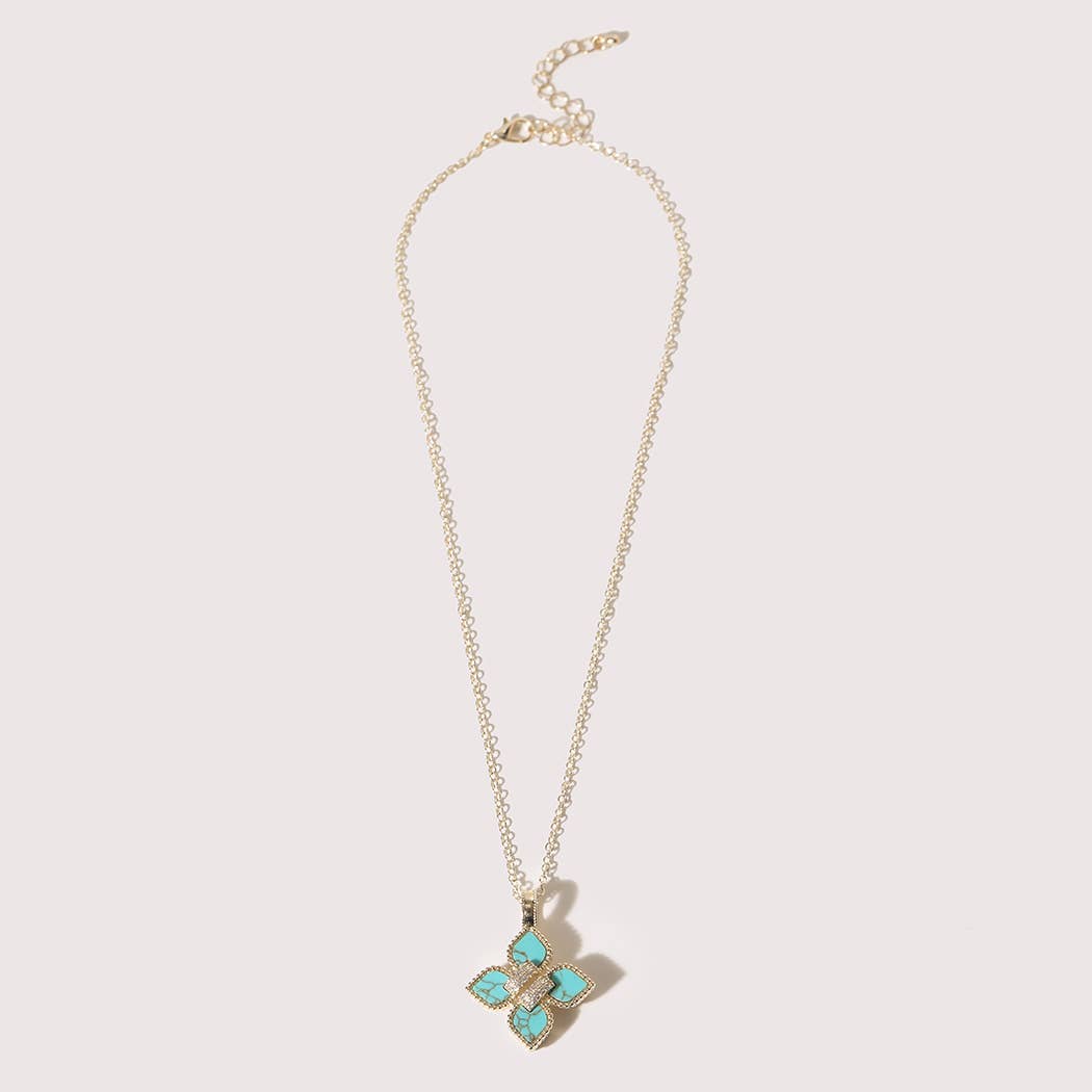 Gold CZ Pave Turquoise Clover Necklace