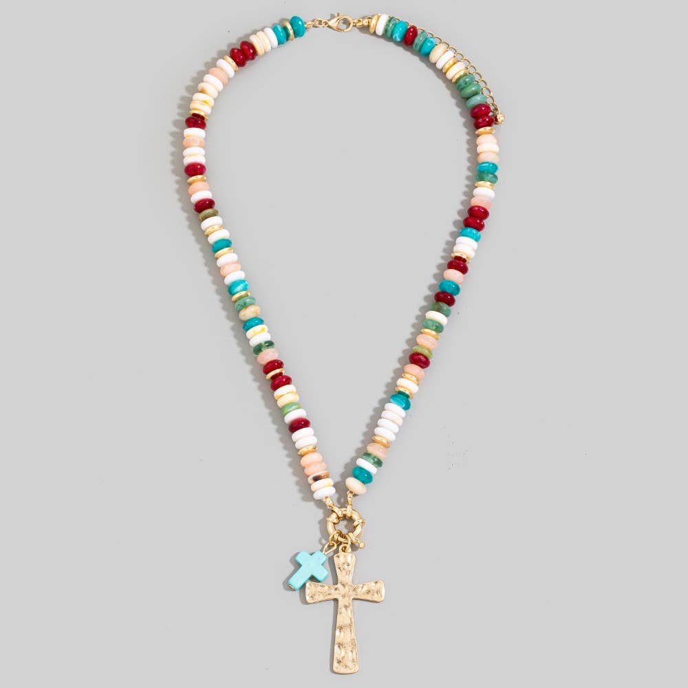 Acrylic Disc Beaded Double Cross Pendant Necklace