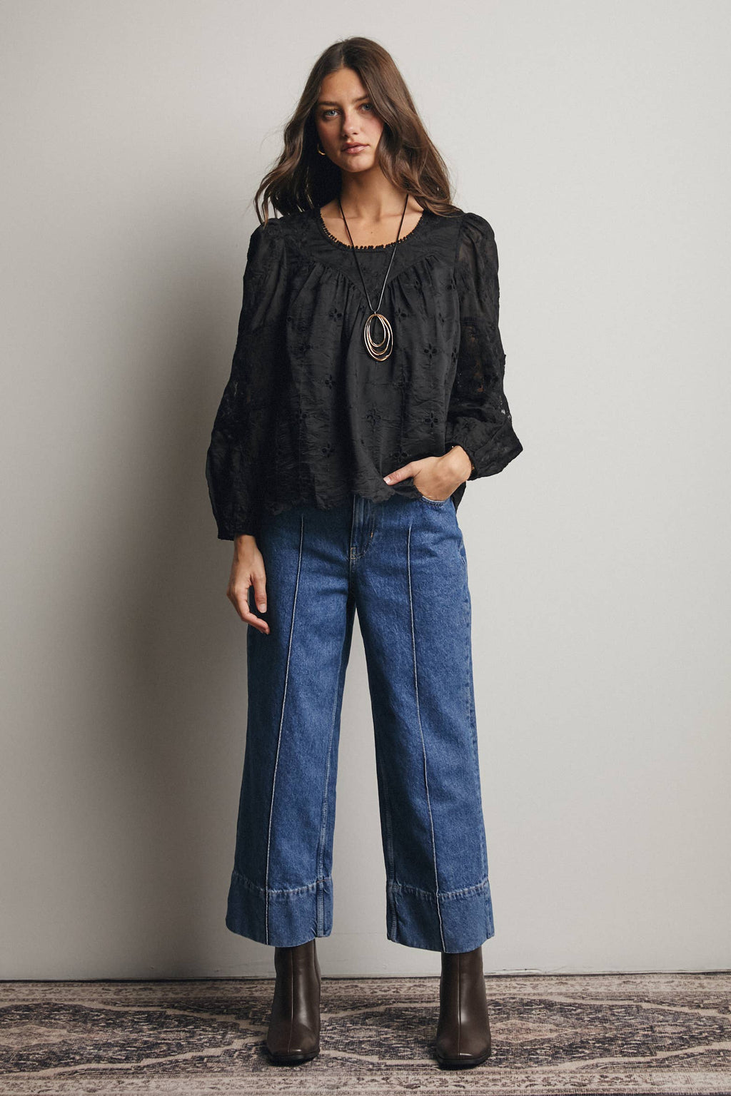 Embroidered Lace Puff Sleeve Blouse