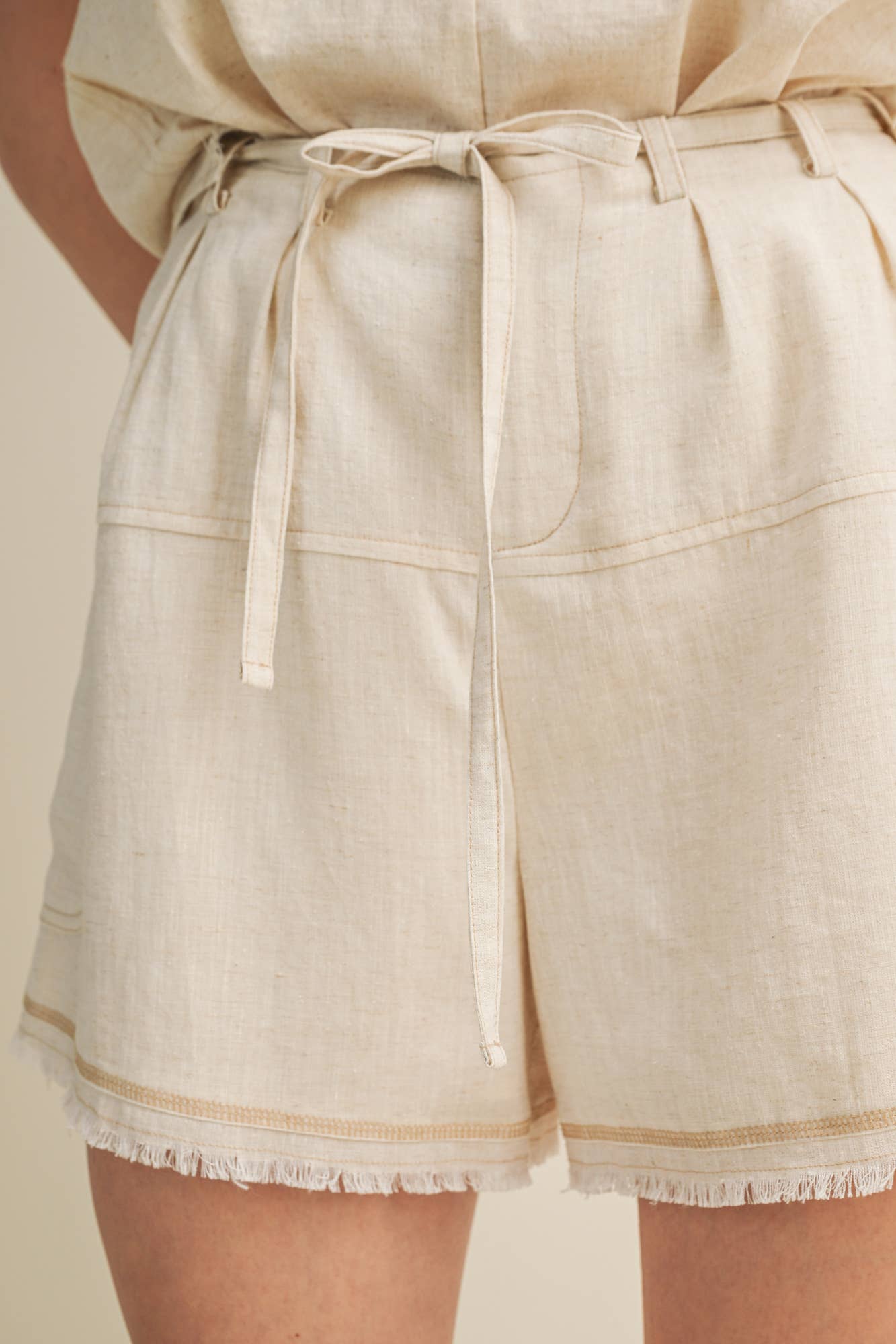 High-Waist Drawstring Frayed Trim Shorts