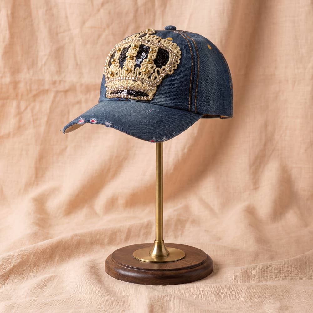 Sequin Crown Rhinestone Distressed Denim Baseball Cap