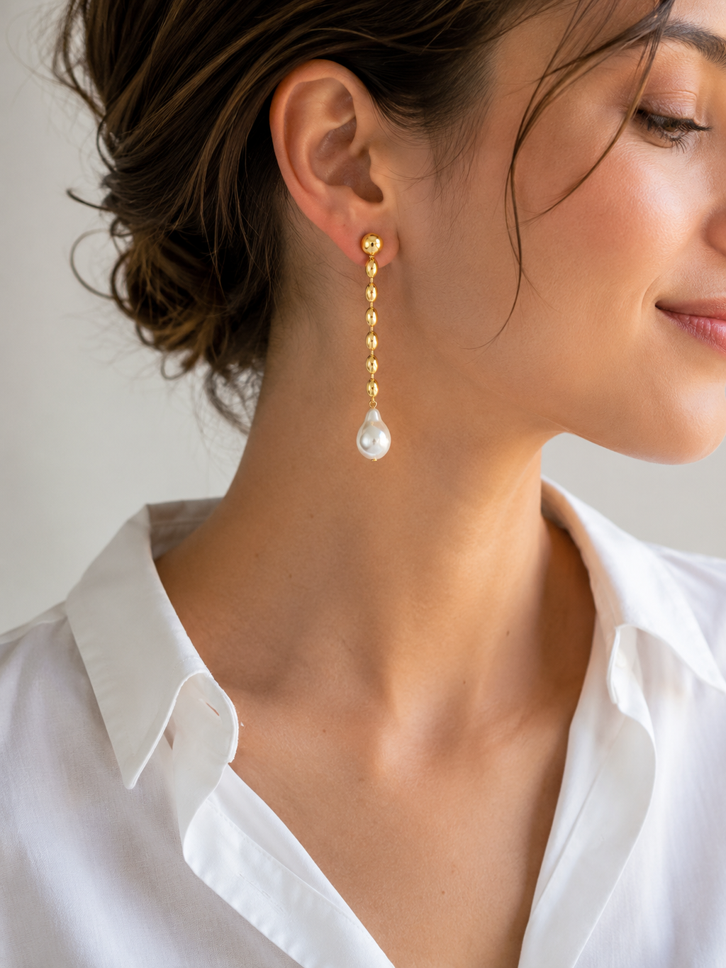 Gold Oval Chain Pearl Drop Earrings