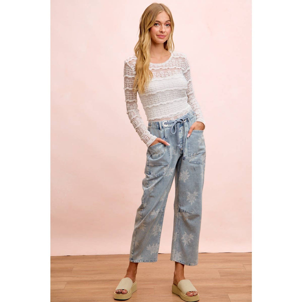 ROSE PRINTED WASHED DENIM PANTS WITH WAIST BELT
