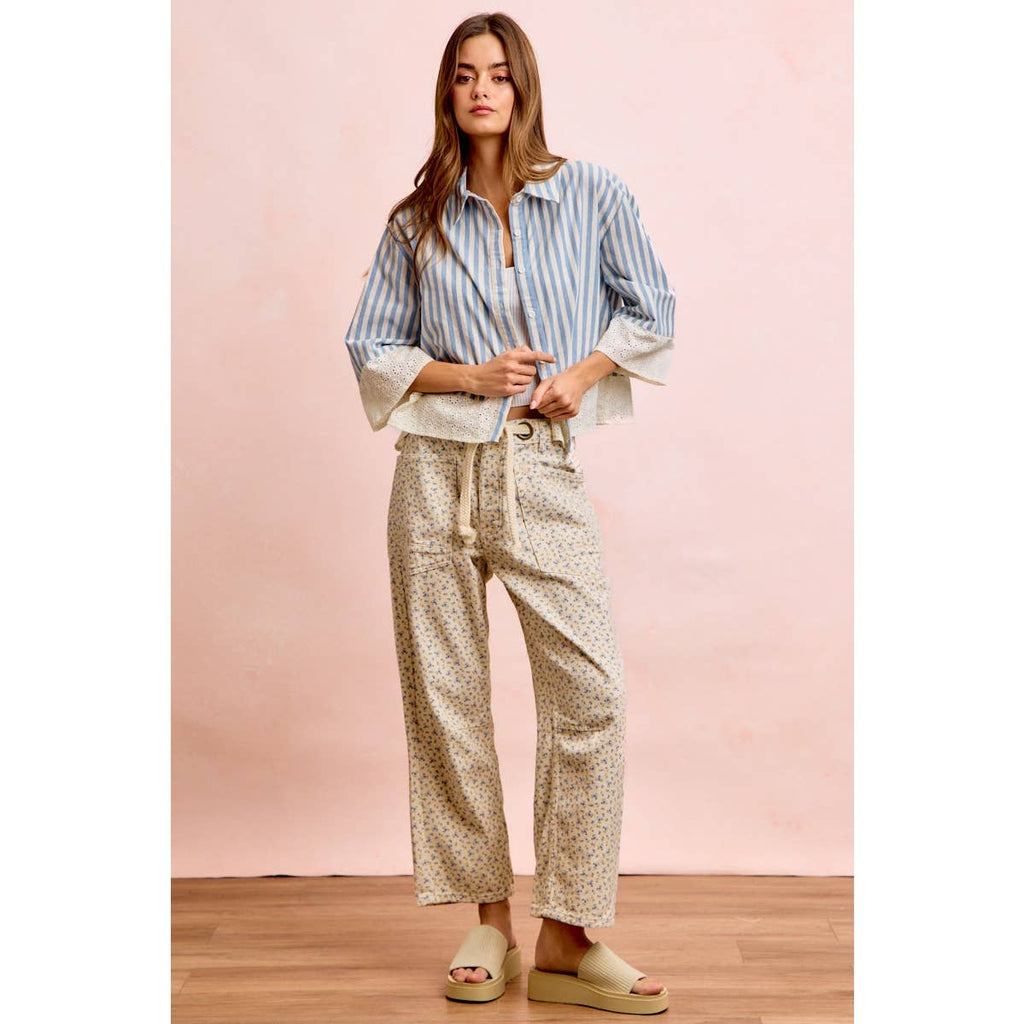 BRAIDED WAIST BELT PATCH POCKETS FLORAL PRINT PANT