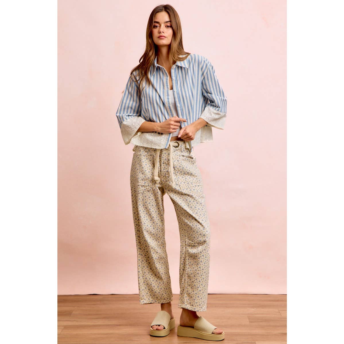 BRAIDED WAIST BELT PATCH POCKETS FLORAL PRINT PANT