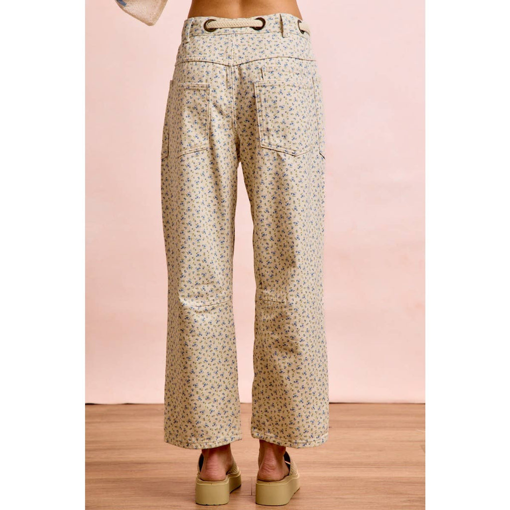 BRAIDED WAIST BELT PATCH POCKETS FLORAL PRINT PANT