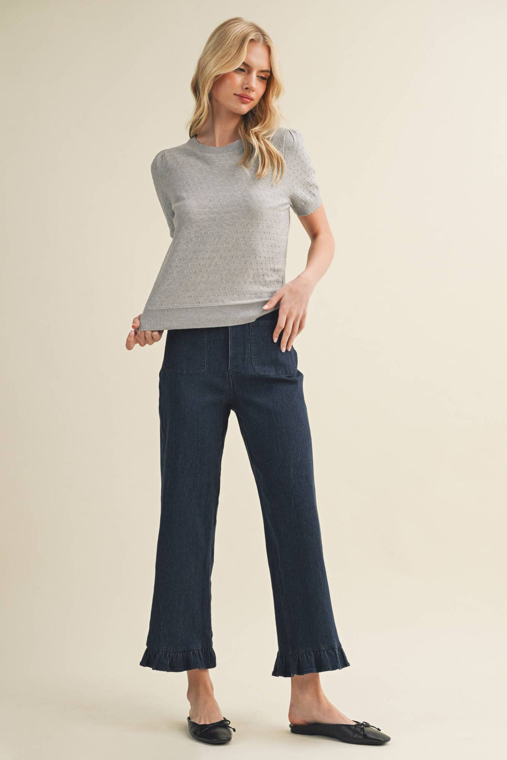 Starburst Pointelle Puff Sleeve Sweater