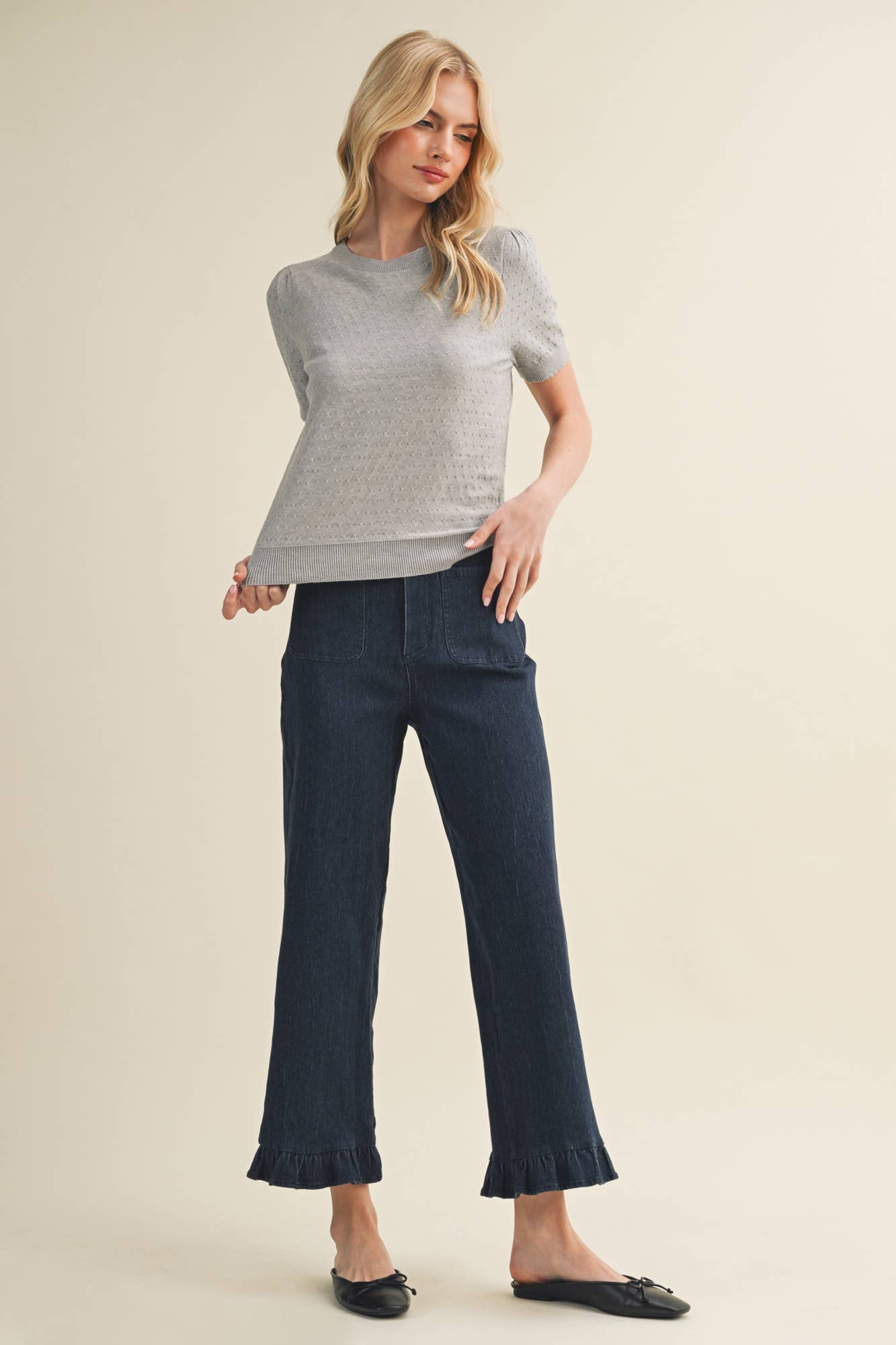 Starburst Pointelle Puff Sleeve Sweater