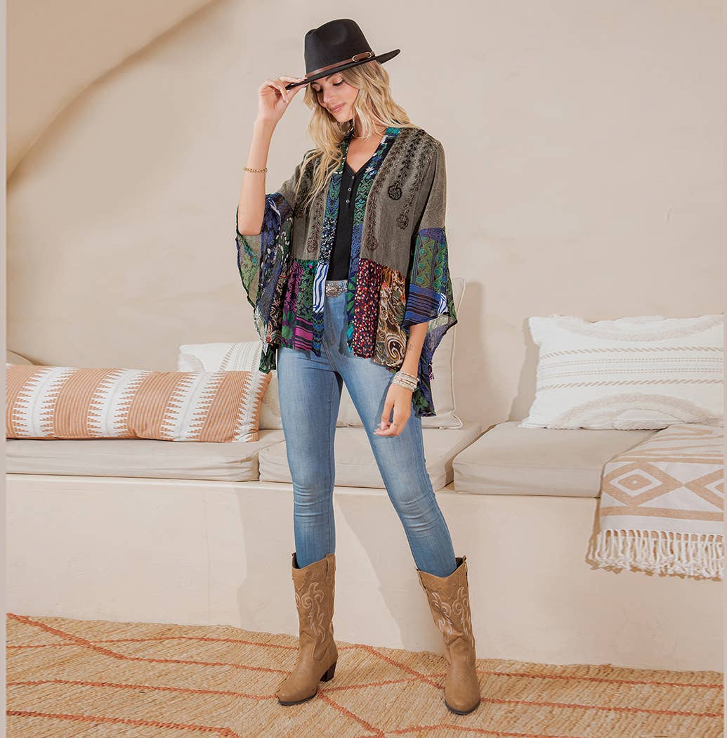 Boho Mixed Print Flowy Summer Shrug Top