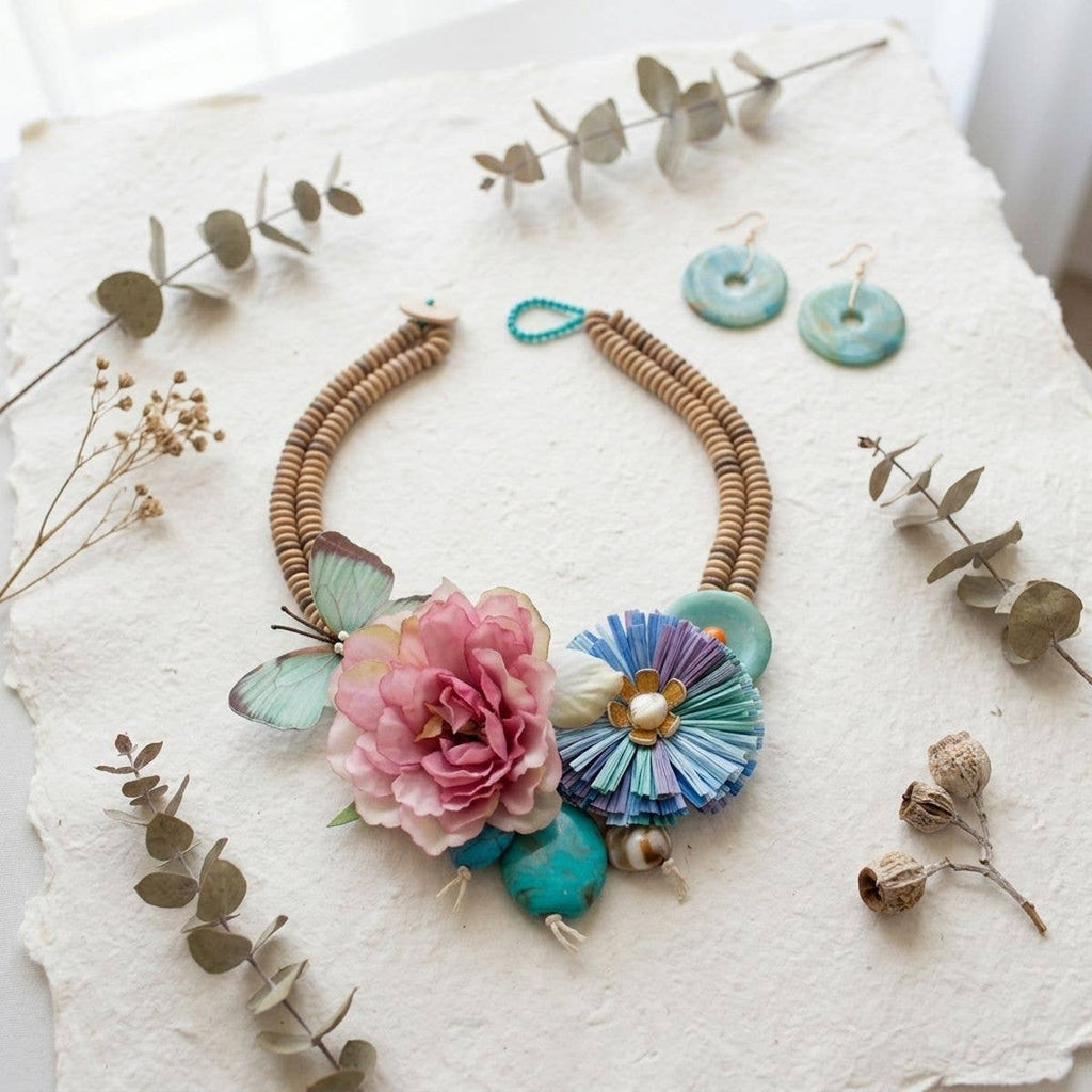 Seaside Hues Butterfly Garden Bead Bib Necklace