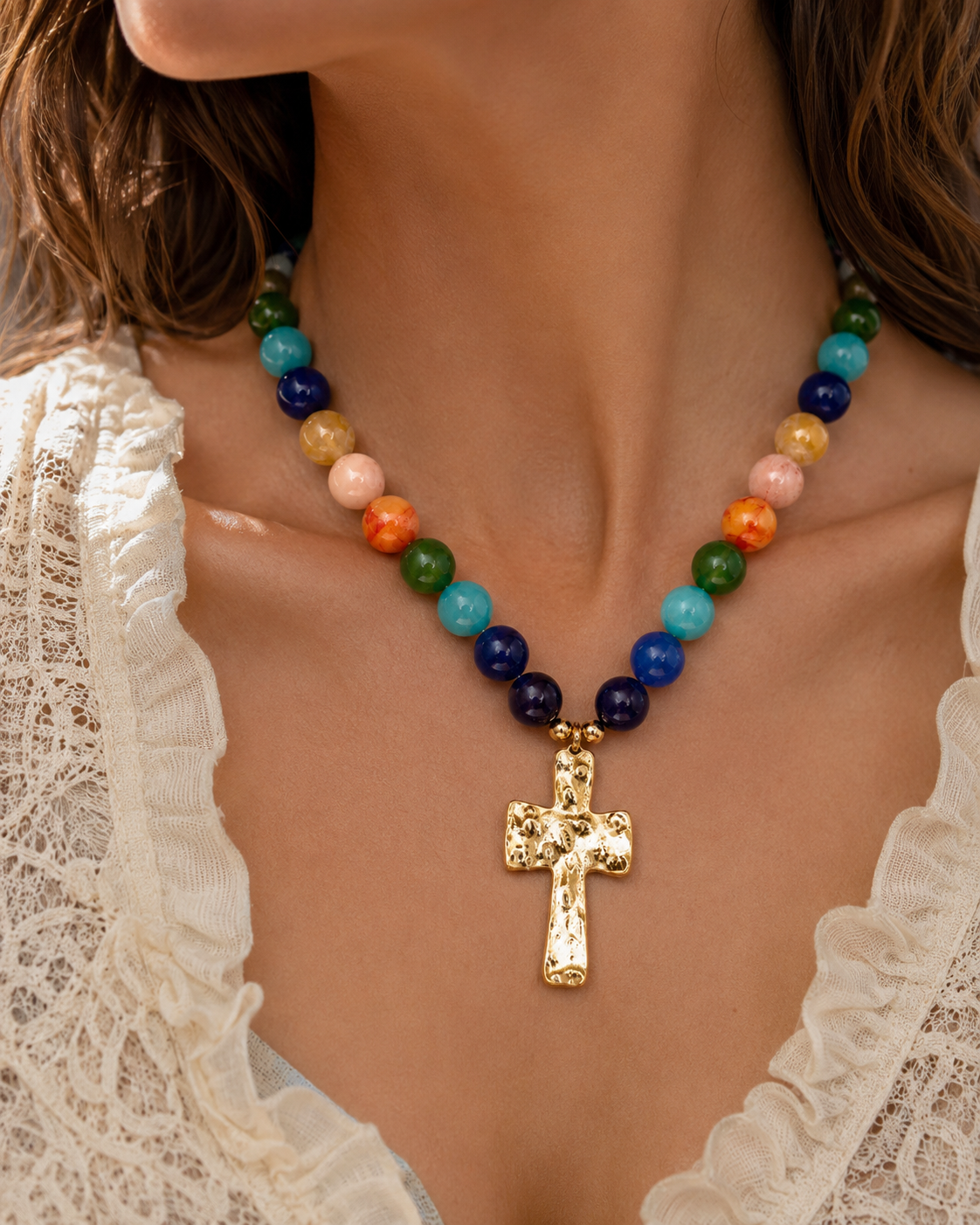 Hammered Cross Pendant Beaded Statement Necklace - 5 Color