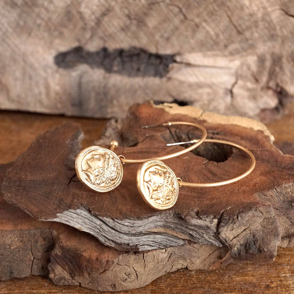 Boho Hoop Earrings with a Small Coin in Worn Gold
