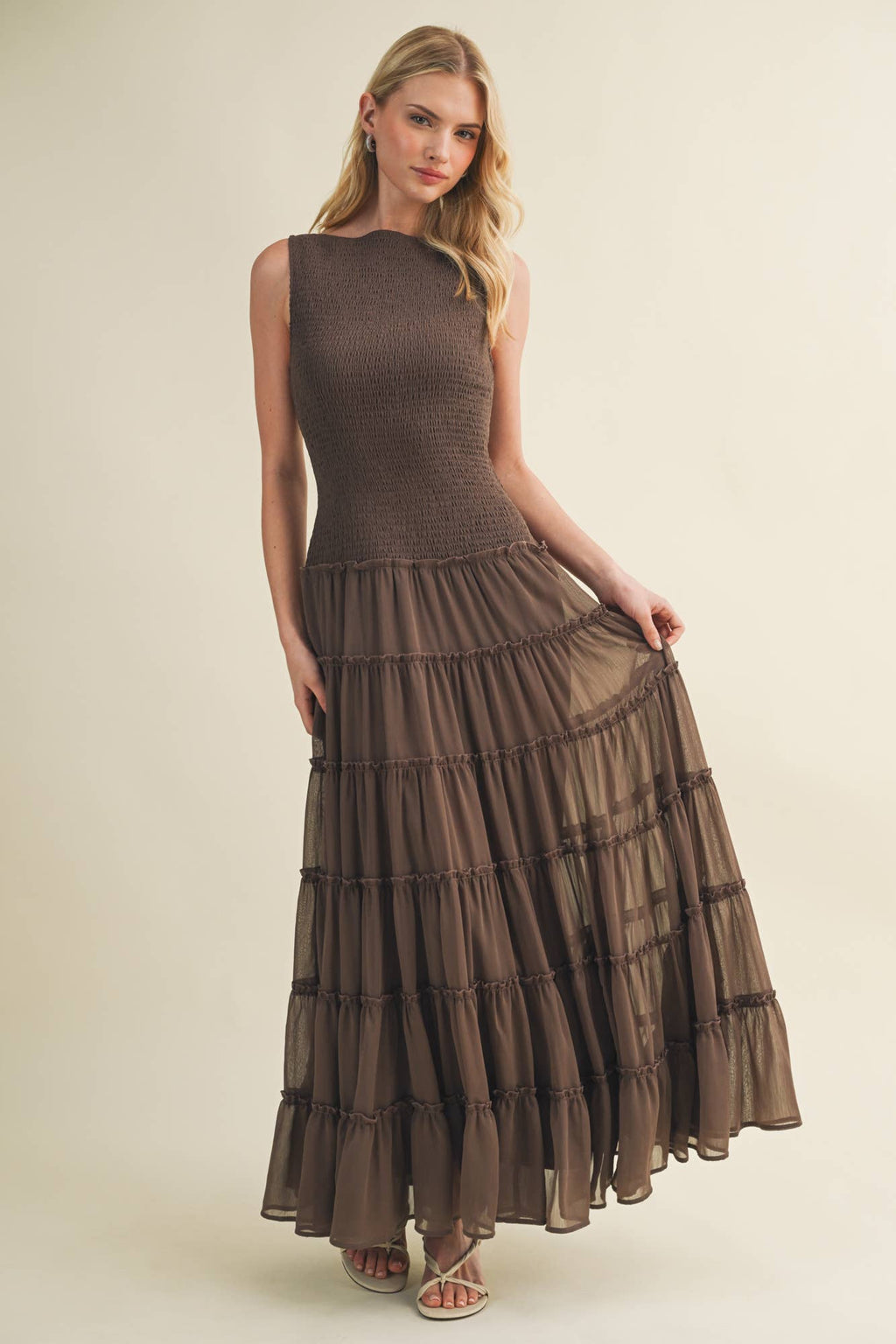 Smocked Boat Neck Tiered Maxi Dress