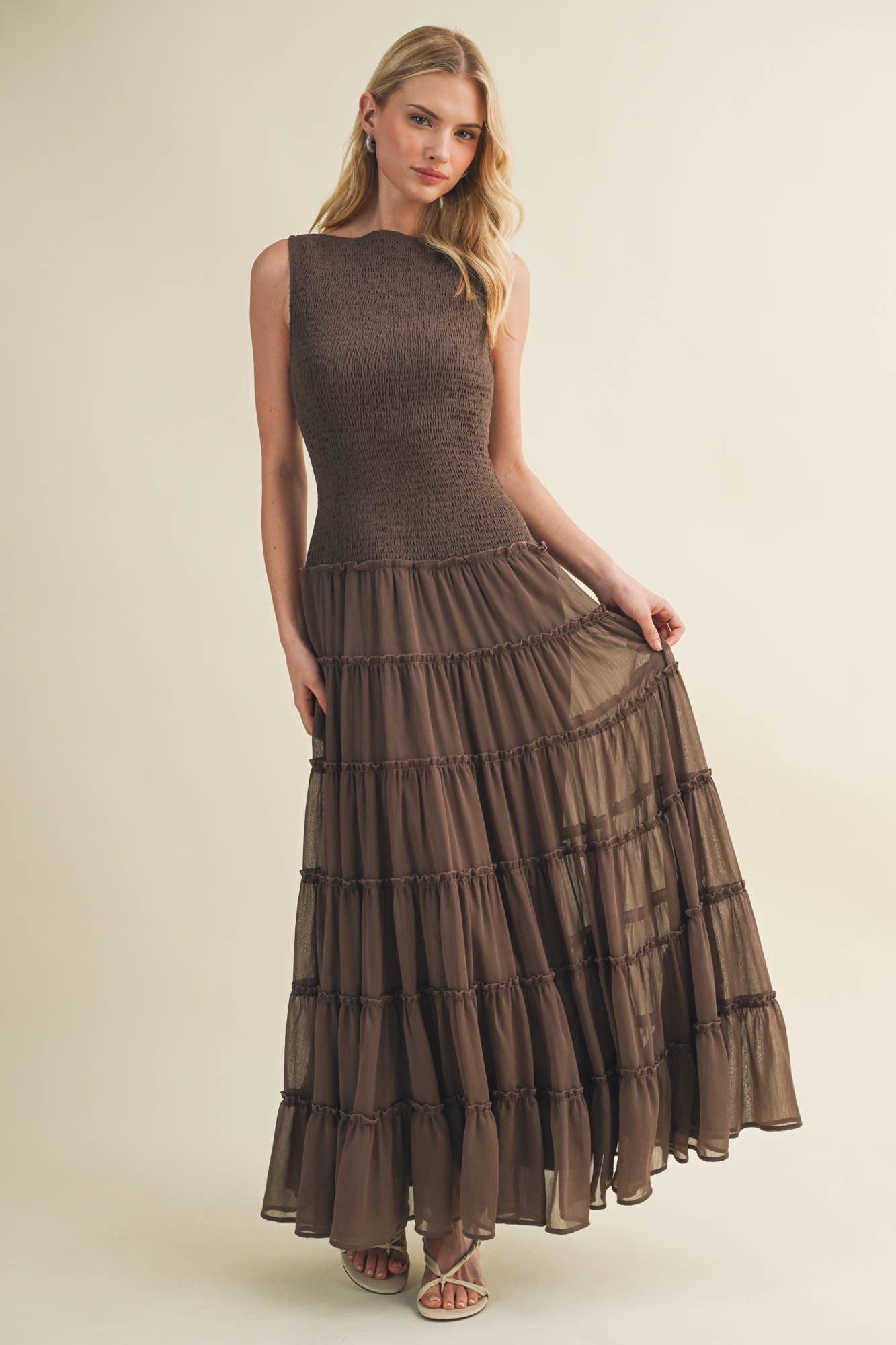 Smocked Boat Neck Tiered Maxi Dress