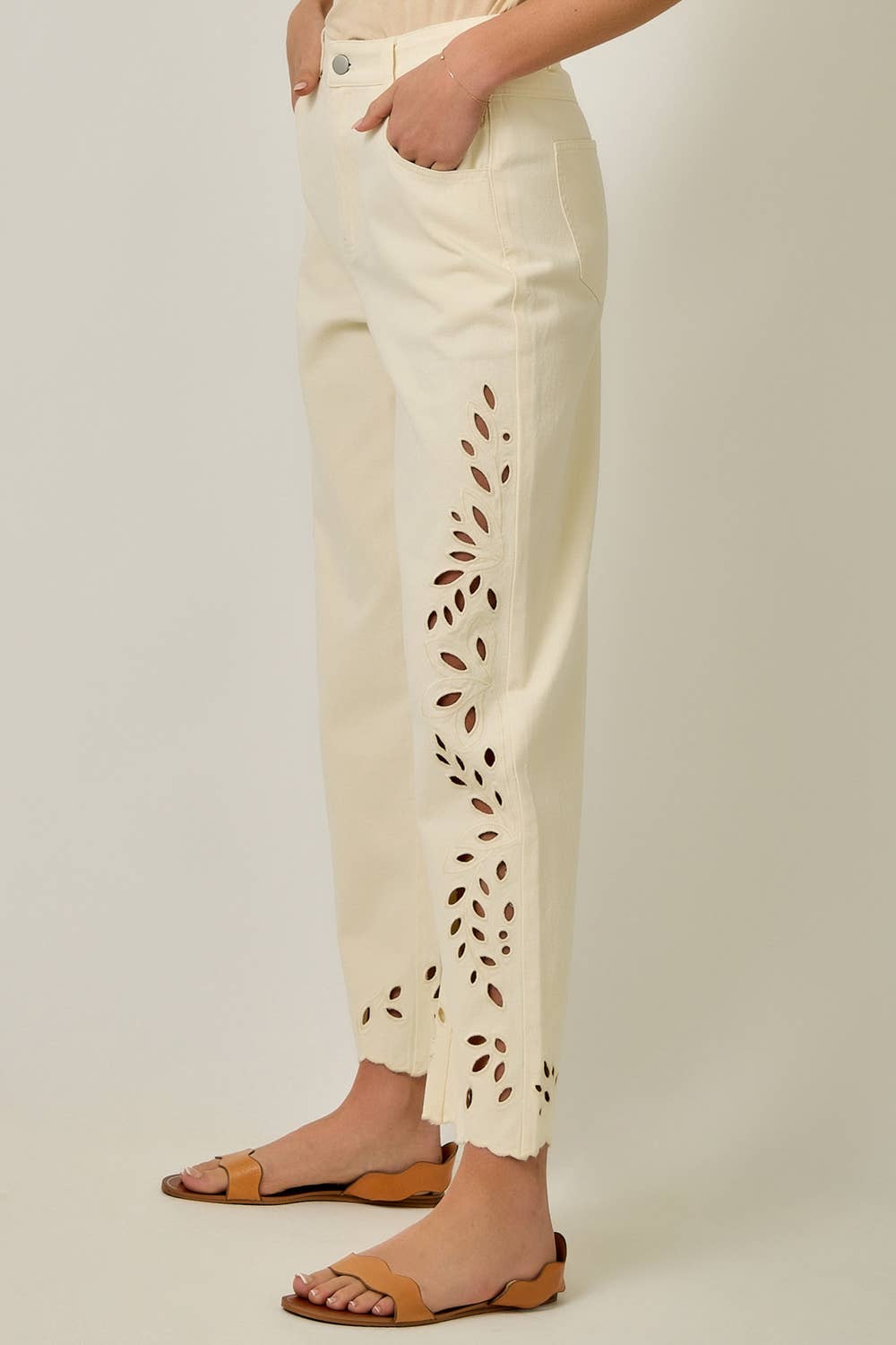 Eyelet Cutouts Trendy Embroidered Straight Leg Jeans