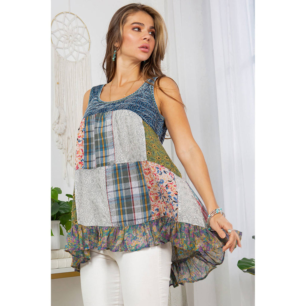 Boho Fusion Denim And Plaid Flowy Tank Top