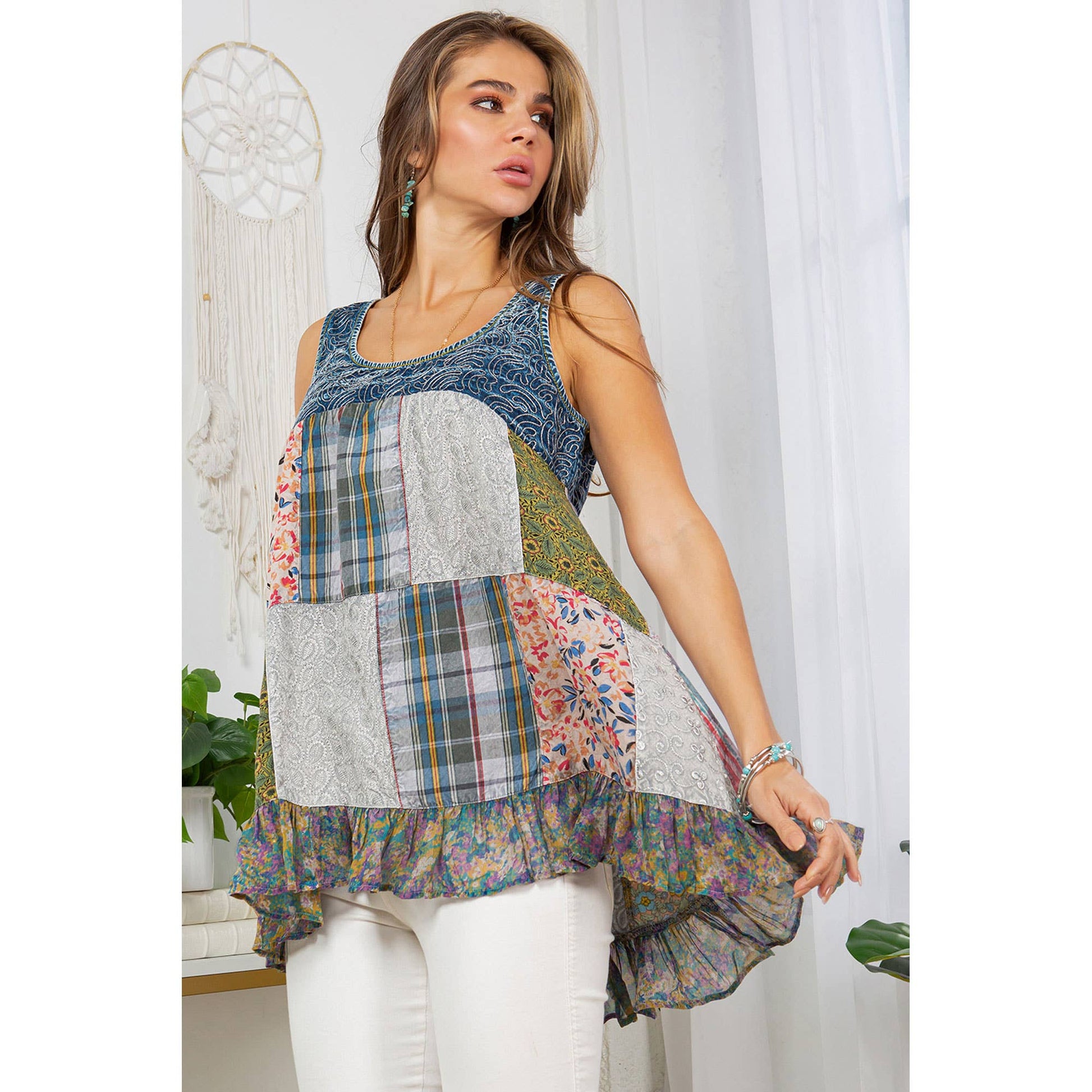 Boho Fusion Denim And Plaid Flowy Tank Top