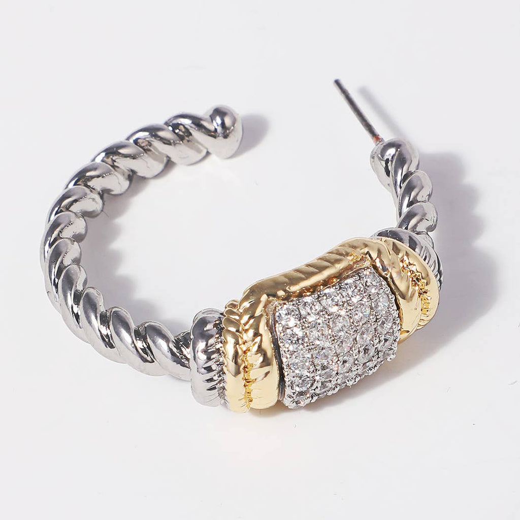 CZ Bar Twisted Hoop 14K Plated Post Earrings