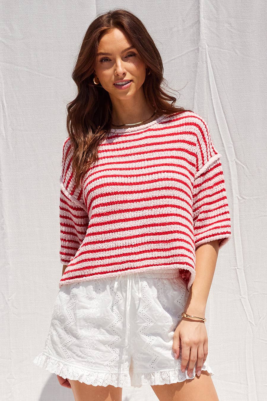 Loose Fit 3/4 Sleeve Striped Crew Neck Top