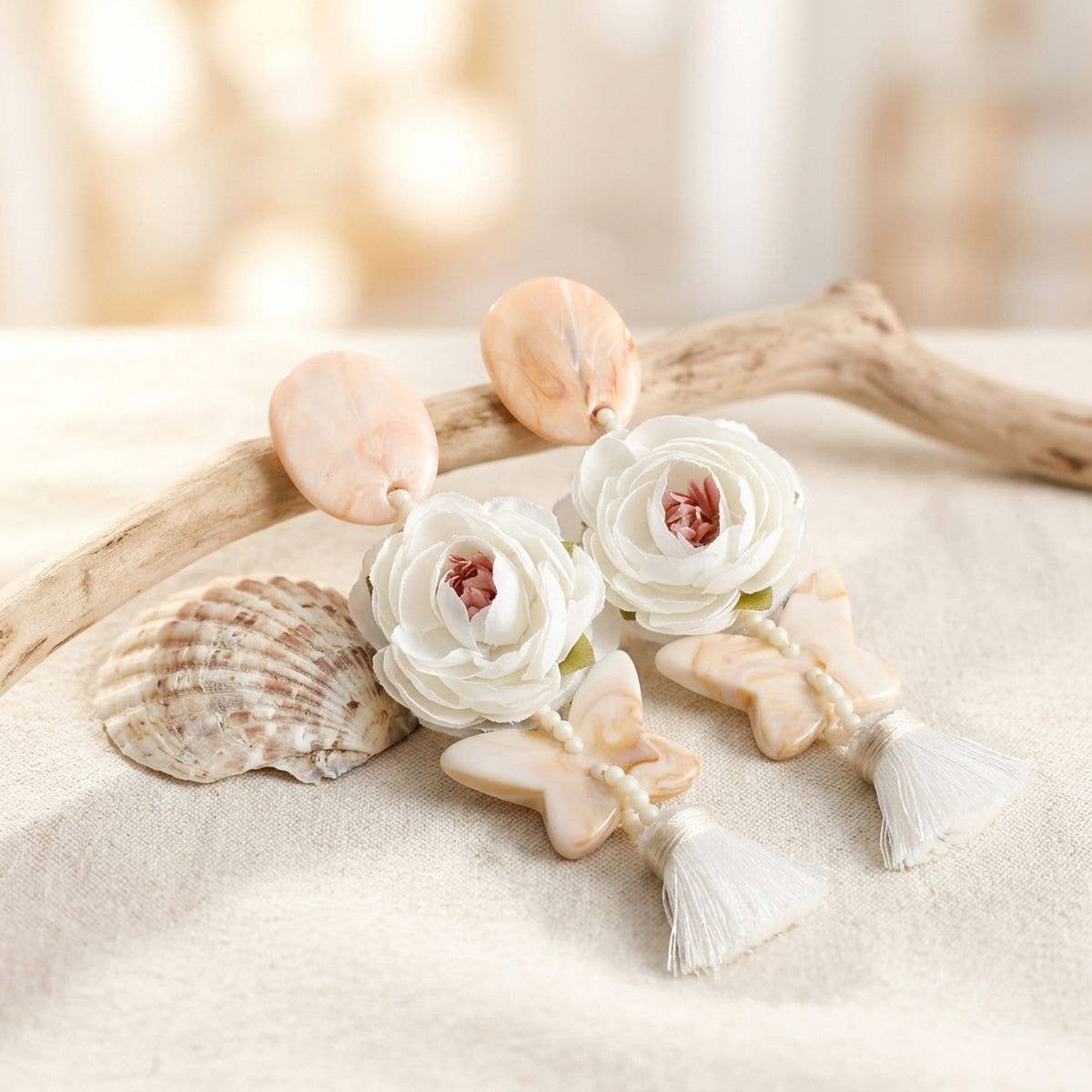 White Oversized Flower Butterfly Tassel Earrings