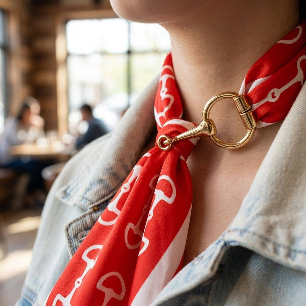 Horsebit Red White Print Silky Scarf Necklace