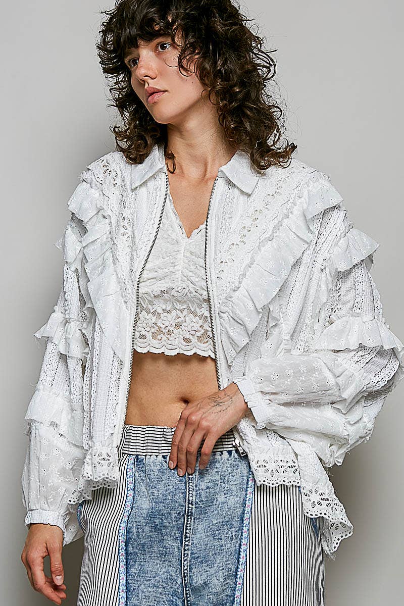 Eyelet Ruffle Floral Trim Lace Zip-Up Jacket