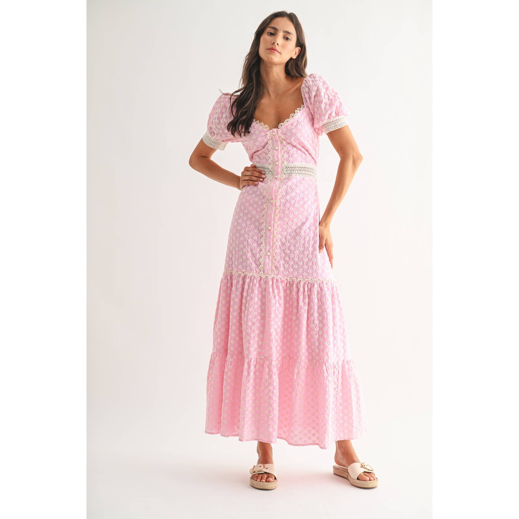 Pink Lace-Trimmed Maxi Dress