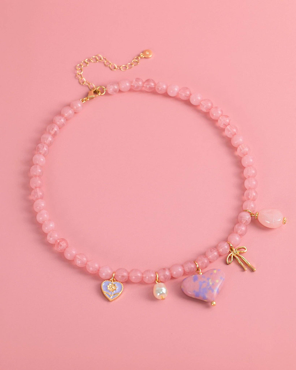 Pink Jade Marbled Valentine Heart Bead Necklace