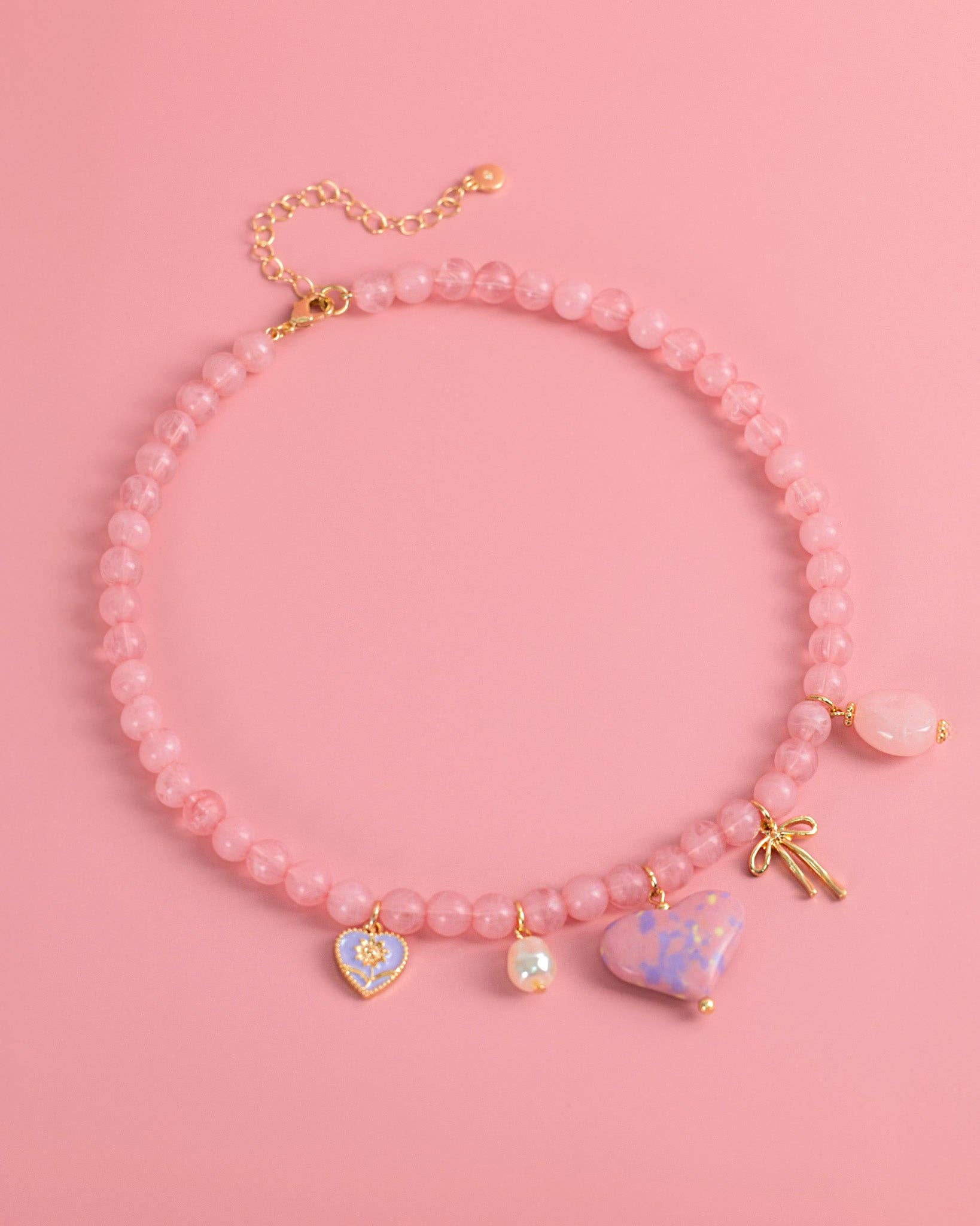 Pink Jade Marbled Valentine Heart Bead Necklace