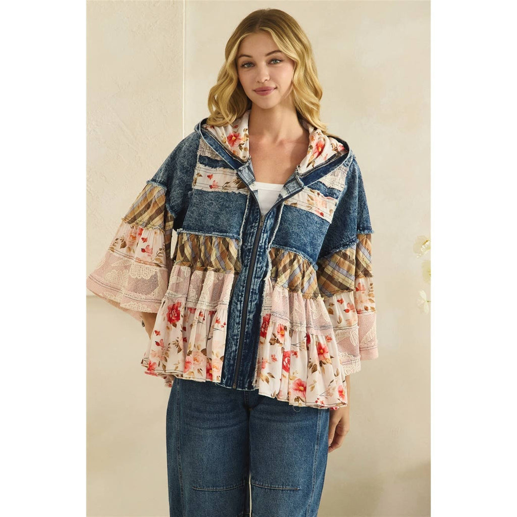 BOHO RUFFLE HOODED LACE DENIM  AND FLORAL PRINT MIX JACKET