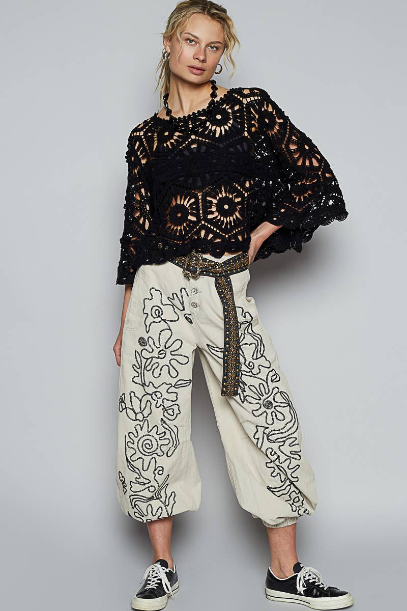 Rolane Round Neck 3/4 Sleeve Crochet Crop Top