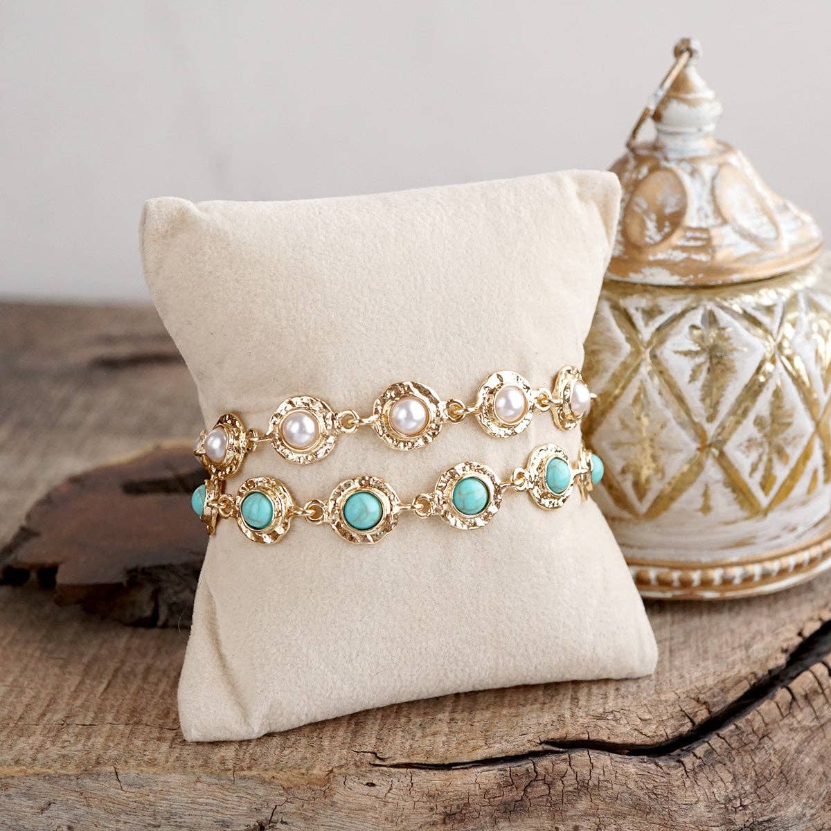 Cabochon Station Charm Necklace - Pearls Turquoise - Petite Glow
